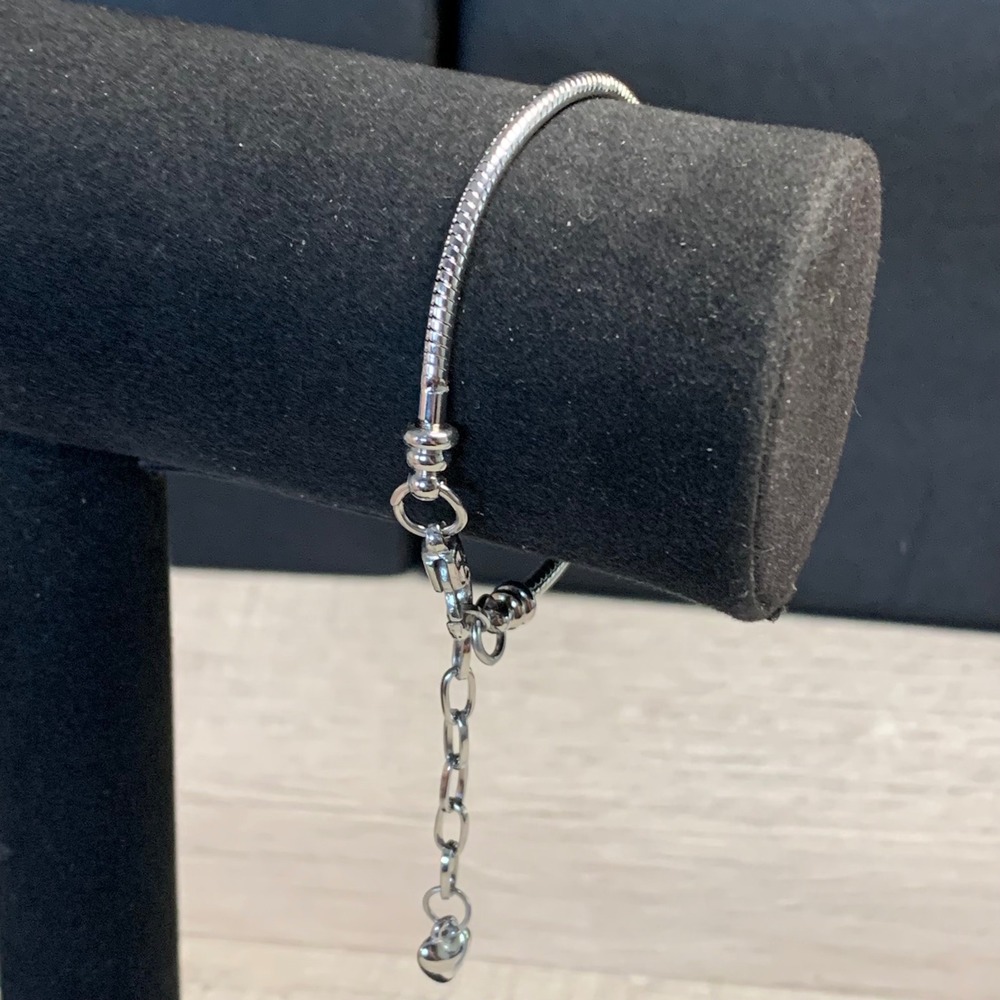 Silver Tone Snake Chain Adjustable Bracelet with Heart Charm Dangle 6-7.5 Inch